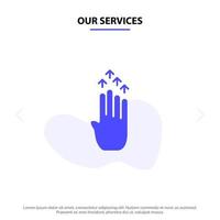 nuestros servicios dedo cuatro gesto flecha arriba icono de glifo sólido plantilla de tarjeta web vector