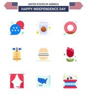 feliz día de la independencia 4 de julio conjunto de 9 pisos pictograma americano de hamburguesa americana donut anillo de estados unidos elementos de diseño de vector de día de estados unidos editables