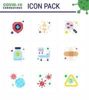 9 paquete de iconos de covid19 de coronavirus de color plano, como muestra de antivirus de paciente de cápsula de botella, elementos de diseño de vector de enfermedad de coronavirus viral 2019nov