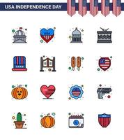 Happy Independence Day 4th July Set of 16 Flat Filled Lines American Pictograph of st irish usa instrument usa Editable USA Day Vector Design Elements