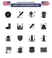 4th July USA Happy Independence Day Icon Symbols Group of 16 Modern Solid Glyphs of festivity celebration usa drink bottle Editable USA Day Vector Design Elements