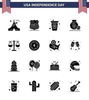 Happy Independence Day USA Pack of 16 Creative Solid Glyphs of law court beverage american bag Editable USA Day Vector Design Elements