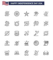 Happy Independence Day Pack of 25 Lines Signs and Symbols for drink bottle american desert flower Editable USA Day Vector Design Elements