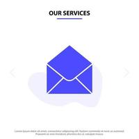 nuestros servicios sms correo electrónico mensaje de correo icono de glifo sólido plantilla de tarjeta web vector