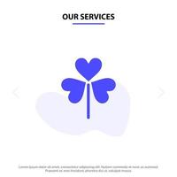 nuestros servicios flor flora flor floral naturaleza icono de glifo sólido plantilla de tarjeta web vector