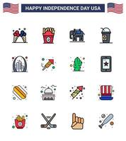 Happy Independence Day 4th July Set of 16 Flat Filled Lines American Pictograph of gate arch elephent states american Editable USA Day Vector Design Elements