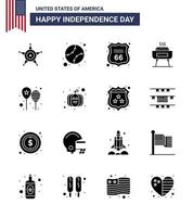 16 Solid Glyph Signs for USA Independence Day celebrate holiday security festivity barbeque Editable USA Day Vector Design Elements