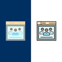 navegador red web educación iconos plano y línea llena conjunto de iconos vector fondo azul