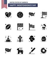 Pack of 16 USA Independence Day Celebration Solid Glyphs Signs and 4th July Symbols such as rugby usa american international country Editable USA Day Vector Design Elements