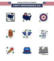 feliz día de la independencia 9 líneas planas rellenas paquete de iconos para web e impresión estado pájaro estrella animal crema editable día de estados unidos elementos de diseño vectorial vector