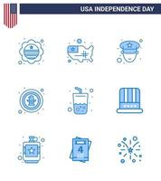 Set of 9 Vector Blues on 4th July USA Independence Day such as drink badge man eagle bird Editable USA Day Vector Design Elements