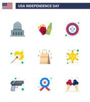 Set of 9 Vector Flats on 4th July USA Independence Day such as handbag outdoor bird match camping Editable USA Day Vector Design Elements