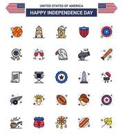 Group of 25 Flat Filled Lines Set for Independence day of United States of America such as star men drink usa shield Editable USA Day Vector Design Elements