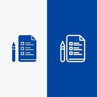 archivo educación bolígrafo línea de lápiz y glifo icono sólido bandera azul línea y glifo icono sólido bandera azul vector