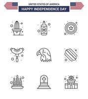 conjunto de líneas del día de la independencia de ee.uu. de 9 pictogramas de ee.uu. de salchicha de pájaro estrella de águila americana elementos de diseño de vector de día de ee.uu. editables