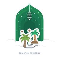 Ramadan Kareem islamic design crescent moon and mosque dome silhouette with arabic pattern and calligraphy vector