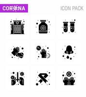 CORONAVIRUS 9 Solid Glyph Black Icon set on the theme of Corona epidemic contains icons such as disease covid blood test washing hands viral coronavirus 2019nov disease Vector Design Elements