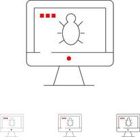 conjunto de iconos de línea negra en negrita y delgada de seguridad de pantalla de error de monitor vector