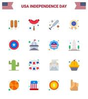 Happy Independence Day USA Pack of 16 Creative Flats of building star hardball police medal Editable USA Day Vector Design Elements