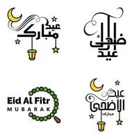 feliz eid mubarak mano carta tipografía saludo remolino pincel tipo de letra paquete de 4 saludos con estrellas brillantes y luna vector