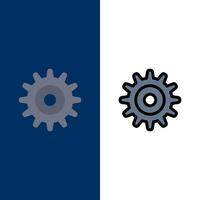 iconos de rueda de ajuste de engranaje plano y conjunto de iconos llenos de línea vector fondo azul