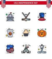 conjunto de 9 iconos del día de los ee.uu. símbolos americanos signos del día de la independencia para la bebida de la torta cola americana ee.uu. elementos de diseño vectorial del día de los ee.uu. editables vector