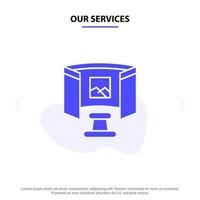 Our Services Future Glasses Science Technology Solid Glyph Icon Web card Template vector