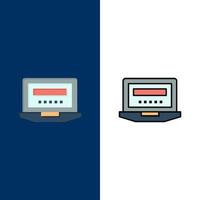 Laptop Computer Hardware Education  Icons Flat and Line Filled Icon Set Vector Blue Background