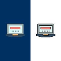 Laptop Computer Hardware Education  Icons Flat and Line Filled Icon Set Vector Blue Background