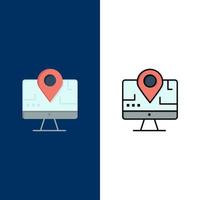 Computer Map Location Education  Icons Flat and Line Filled Icon Set Vector Blue Background