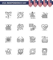 Pack of 16 USA Independence Day Celebration Lines Signs and 4th July Symbols such as entertainment independence flower independence drum Editable USA Day Vector Design Elements