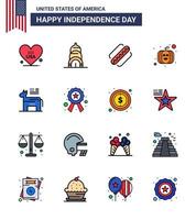 Set of 16 Vector Flat Filled Lines on 4th July USA Independence Day such as symbol american american donkey pumpkin Editable USA Day Vector Design Elements