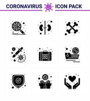 Coronavirus Prevention Set Icons 9 Solid Glyph Black icon such as medical case virus bones vaccine medicine viral coronavirus 2019nov disease Vector Design Elements