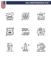 conjunto de 9 líneas modernas paquete en el día de la independencia de estados unidos día americano signo insignia escudo espacio editable día de estados unidos elementos de diseño vectorial vector