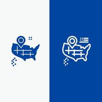 mapa de ubicación línea americana y glifo icono sólido bandera azul línea y glifo icono sólido bandera azul vector