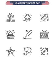 Pack of 9 USA Independence Day Celebration Lines Signs and 4th July Symbols such as bat ball hotdog white landmark Editable USA Day Vector Design Elements