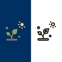 biología planta ciencia sol iconos planos y llenos de línea conjunto de iconos vector fondo azul