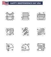 paquete de iconos de vector de stock de día americano 9 signos y símbolos de línea para celebración de fuegos artificiales cine estados unidos país elementos de diseño de vector de día de estados unidos editables