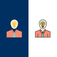 hombre idea éxito luz crecimiento iconos plano y línea llena icono conjunto vector fondo azul