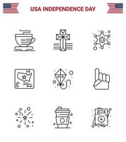 USA Independence Day Line Set of 9 USA Pictograms of foam hand summer star kite map Editable USA Day Vector Design Elements