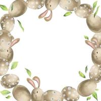 Watercolor hand drawn Easter celebration clipart. Circle wreath with eggs, bunnies, bows and spring leaves. Isolated on white background. Design for invitations, gifts, greeting cards, print, textile vector