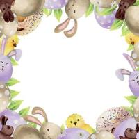 Watercolor hand drawn Easter celebration clipart. Circle wreath with eggs, bunnies, chicken, spring leaves. Isolated on white background. Design for invitations, gifts, greeting cards, print, textile vector