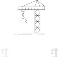 Crane Building Construction Constructing Tower Bold and thin black line icon set vector