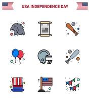 Flat Filled Line Pack of 9 USA Independence Day Symbols of football party baseball day balloons Editable USA Day Vector Design Elements