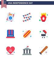 Flat Pack of 9 USA Independence Day Symbols of states american french fries usa cap Editable USA Day Vector Design Elements