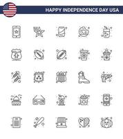 USA Happy Independence DayPictogram Set of 25 Simple Lines of drink food beer yummy donut Editable USA Day Vector Design Elements