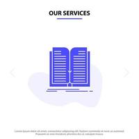 nuestra aplicación de servicios libro de transferencia de archivos icono de glifo sólido plantilla de tarjeta web vector