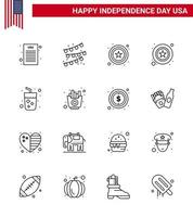 Set of 16 Vector Lines on 4th July USA Independence Day such as fast juice sign drink sign Editable USA Day Vector Design Elements