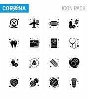 16 Solid Glyph Black Coronavirus Covid19 Icon pack such as pill capsule airoplan antivirus safety viral coronavirus 2019nov disease Vector Design Elements