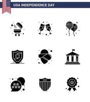 Happy Independence Day USA Pack of 9 Creative Solid Glyphs of flag hat fly cowboy shield Editable USA Day Vector Design Elements